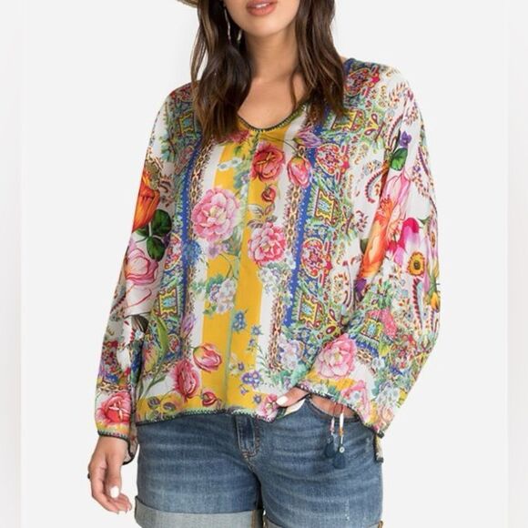 Johnny Was Tops - Johnny Was Sorbet Floral Bohemian Vibe Silk Blouse XLarge
